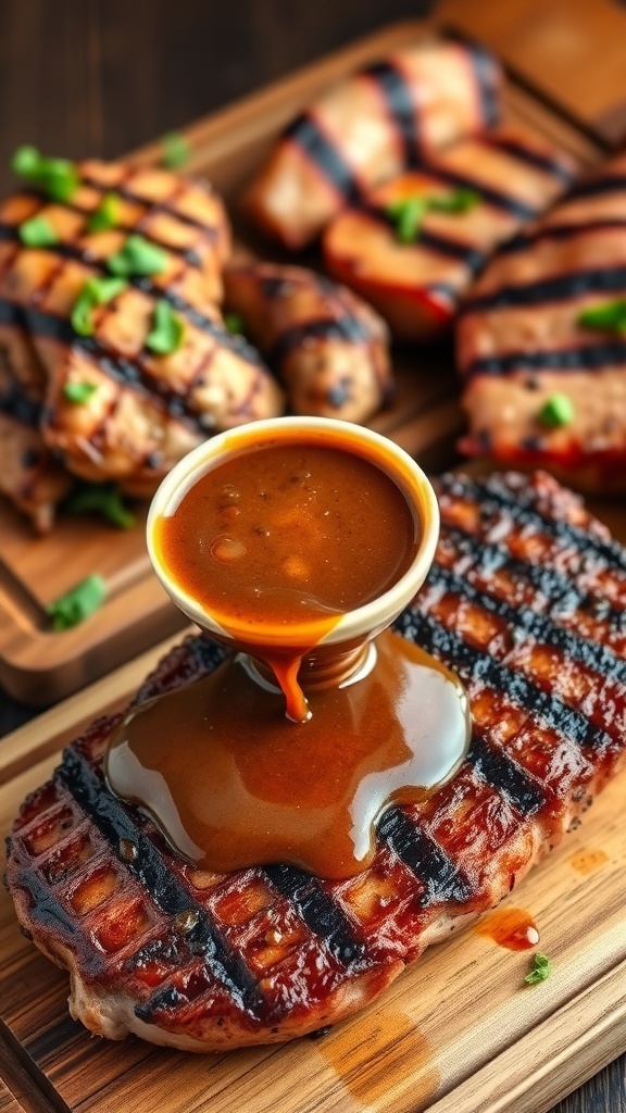 A bowl of creamy sauce over grilled steak with assorted meats in the background.
